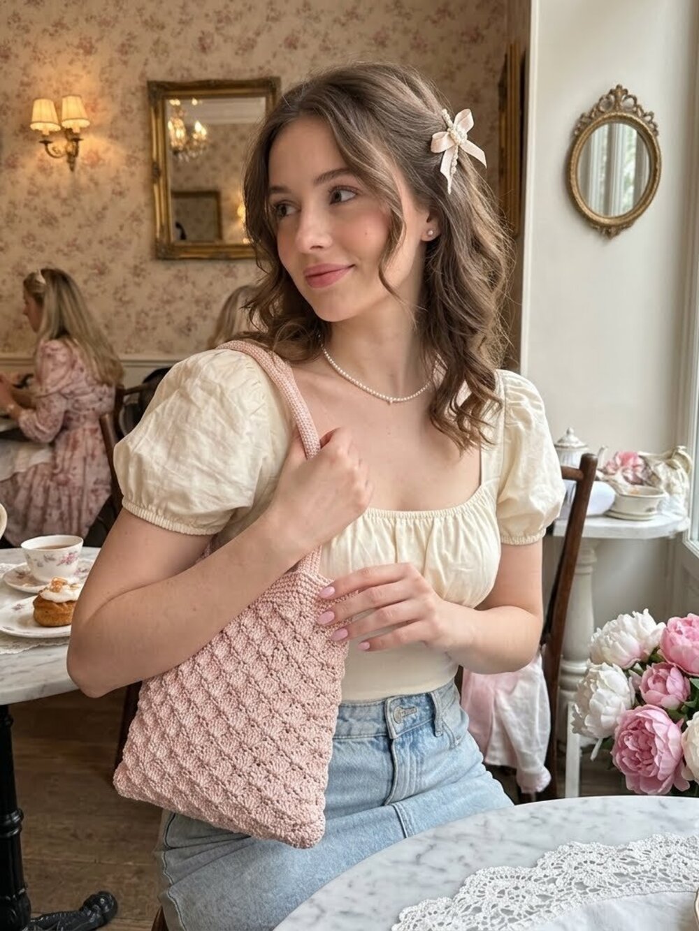 Soft Girl Pastel Pink Mini Coquette Crochet Hand Bag With Attached Coin Purse